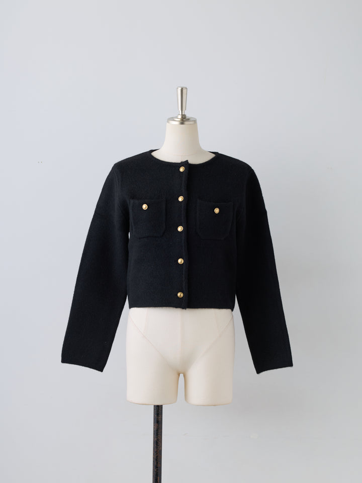 【Essential】Gold button short knit jacket