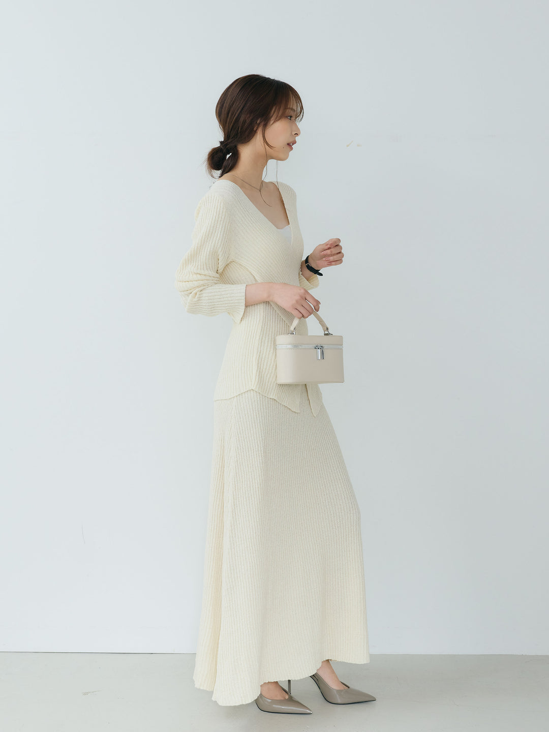 クロスデザインリブニットトップス&リブニットフレアスカートSET UP