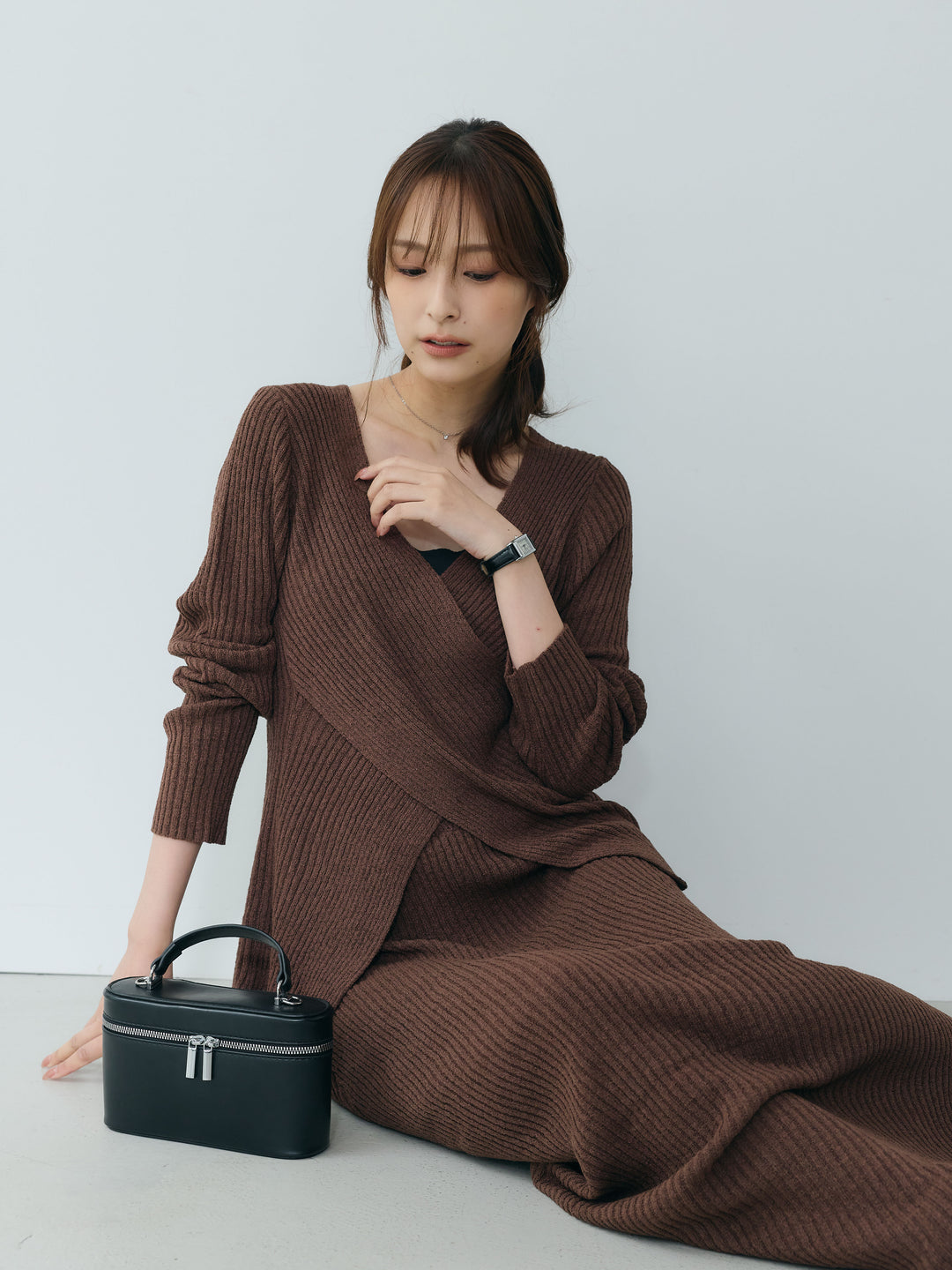 クロスデザインリブニットトップス&リブニットフレアスカートSET UP