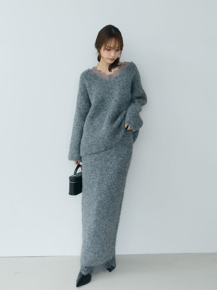 【Essential】Lace design knit tops & Lace design knit skirt SET UP