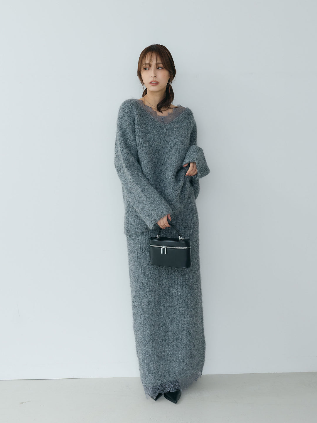 【Essential】Lace design knit tops & Lace design knit skirt SET UP