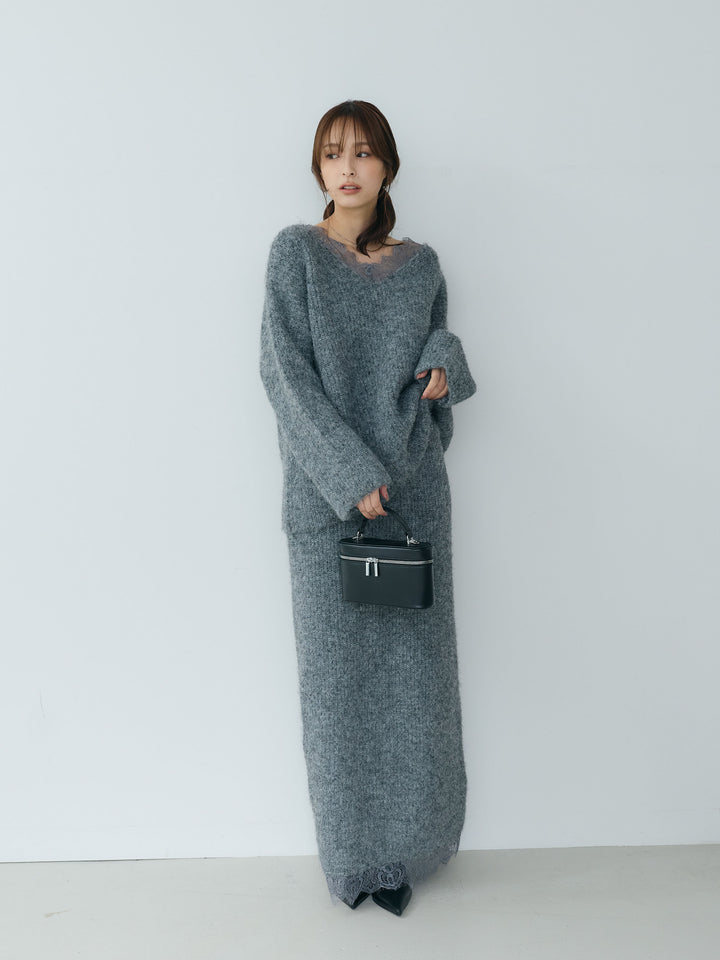 【Essential】Lace design knit tops & Lace design knit skirt SET UP