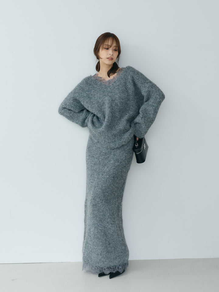 【Essential】Lace design knit tops & Lace design knit skirt SET UP