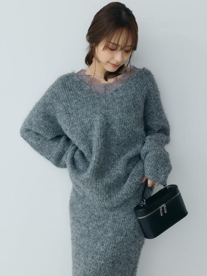 【Essential】Lace design knit tops & Lace design knit skirt SET UP