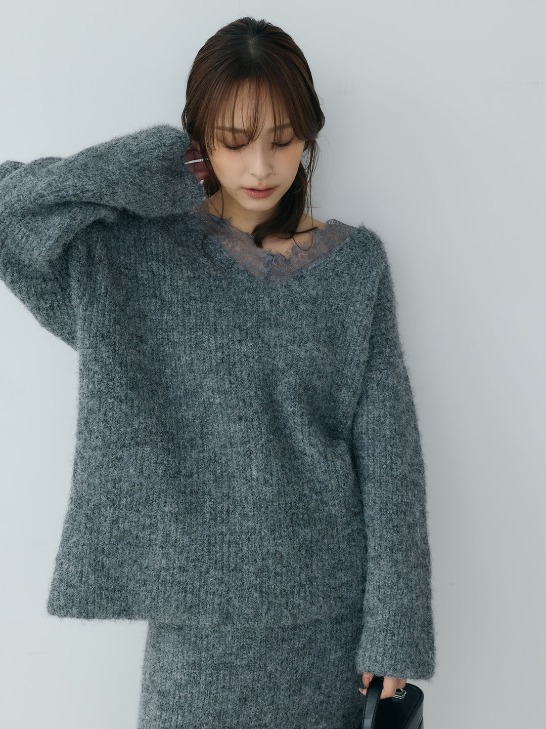 【Essential】Lace design knit tops & Lace design knit skirt SET UP