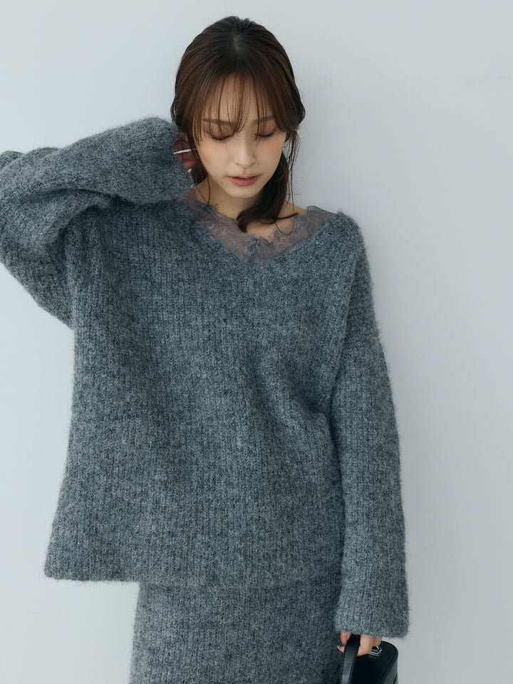 【Essential】Lace design knit tops & Lace design knit skirt SET UP