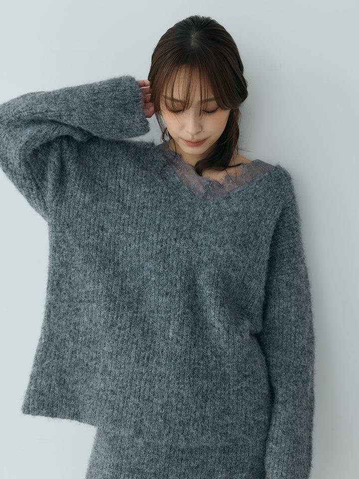 【Essential】Lace design knit tops & Lace design knit skirt SET UP