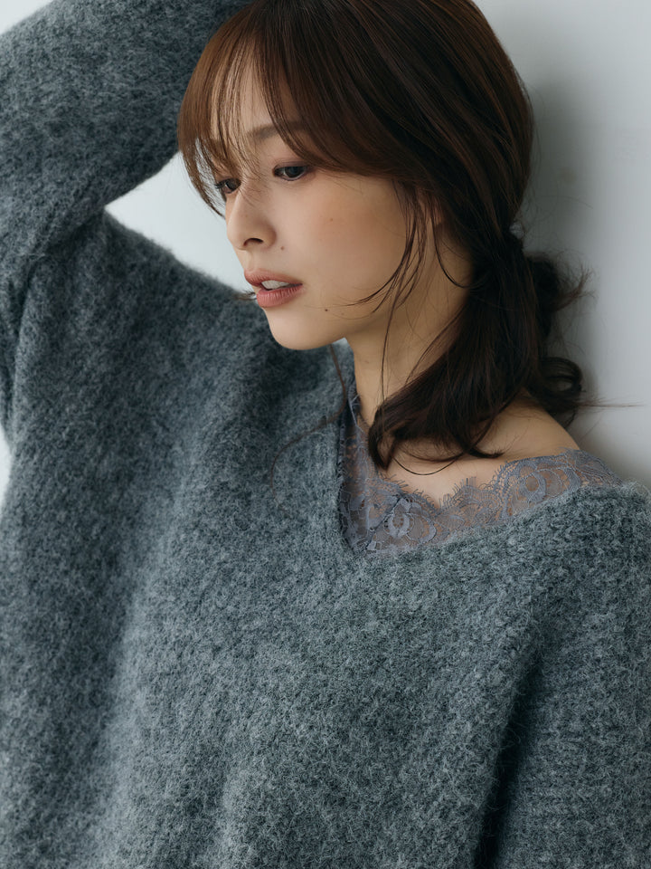 【Essential】Lace design knit tops & Lace design knit skirt SET UP