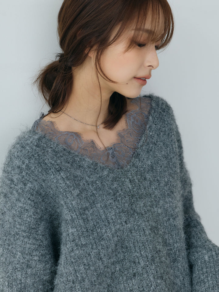 【Essential】Lace design knit tops & Lace design knit skirt SET UP