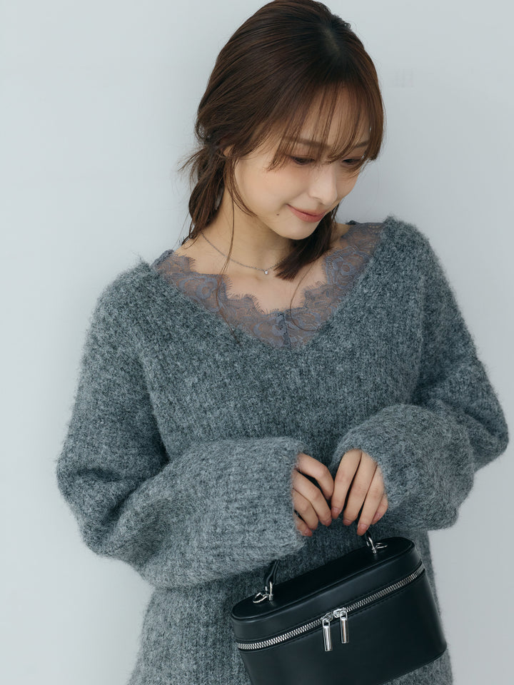 【Essential】Lace design knit tops & Lace design knit skirt SET UP