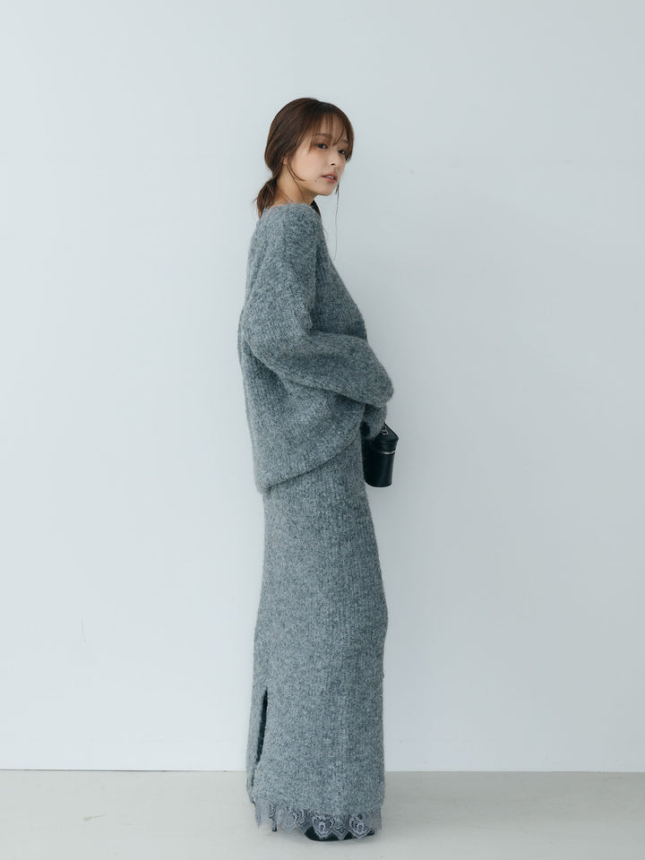【Essential】Lace design knit tops & Lace design knit skirt SET UP