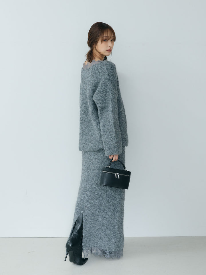 【Essential】Lace design knit tops & Lace design knit skirt SET UP