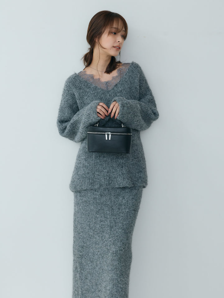【Essential】Lace design knit tops & Lace design knit skirt SET UP