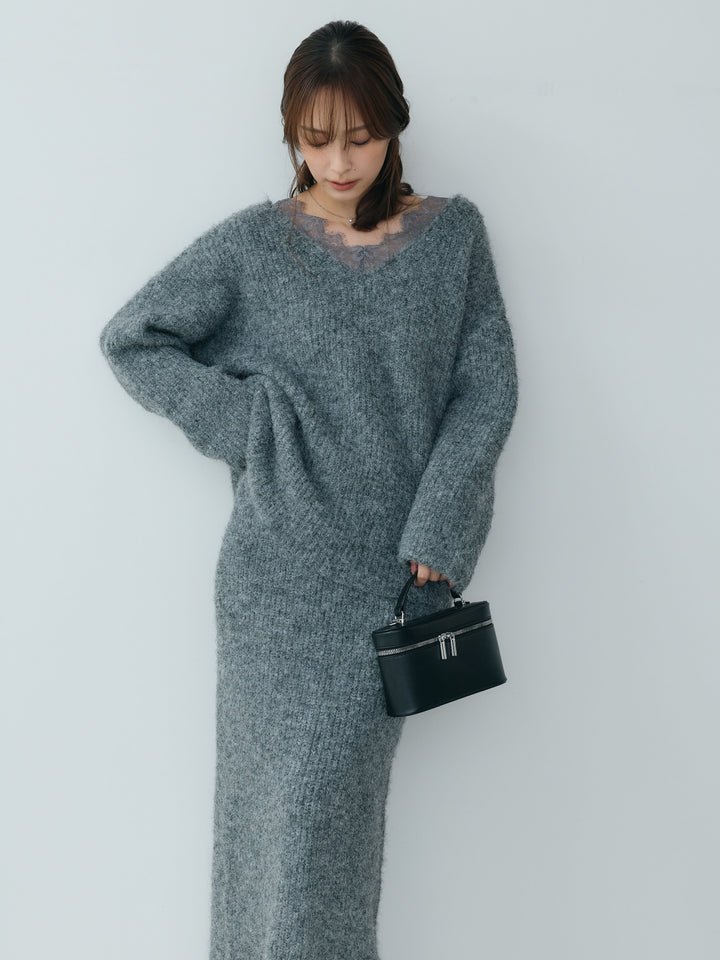 【Essential】Lace design knit tops & Lace design knit skirt SET UP