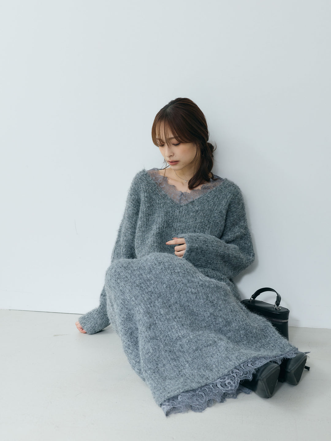 【Essential】Lace design knit tops & Lace design knit skirt SET UP
