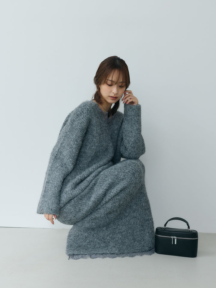 【Essential】Lace design knit tops & Lace design knit skirt SET UP