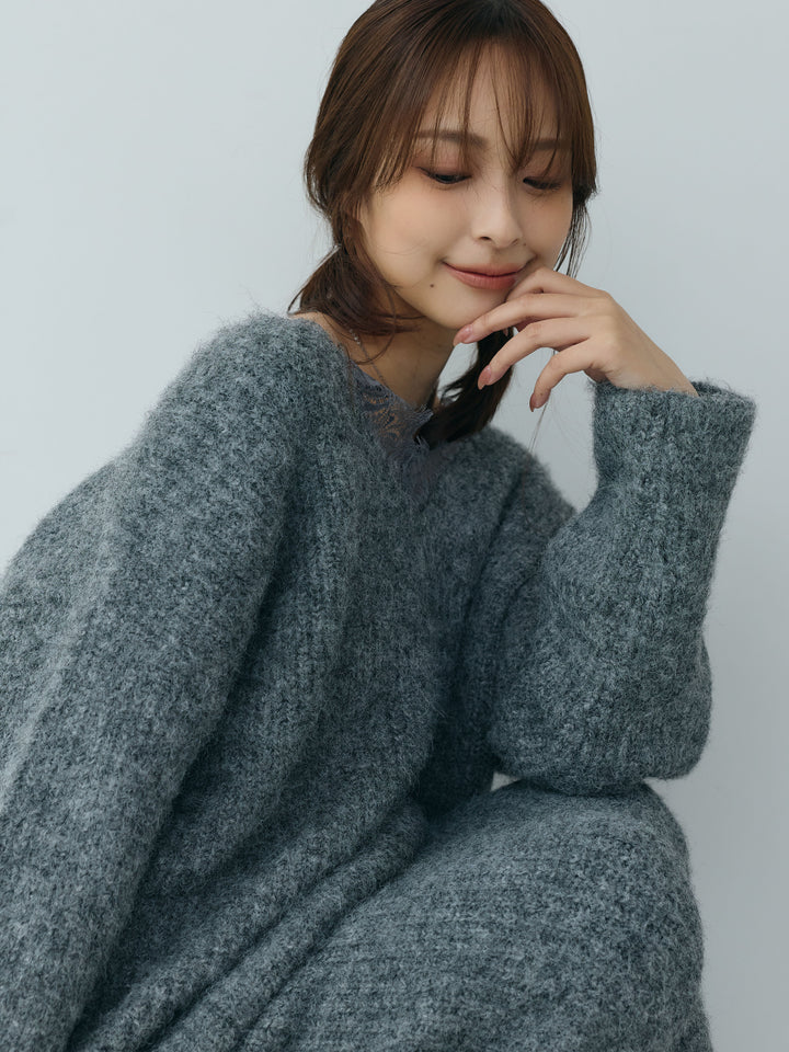 【Essential】Lace design knit tops & Lace design knit skirt SET UP