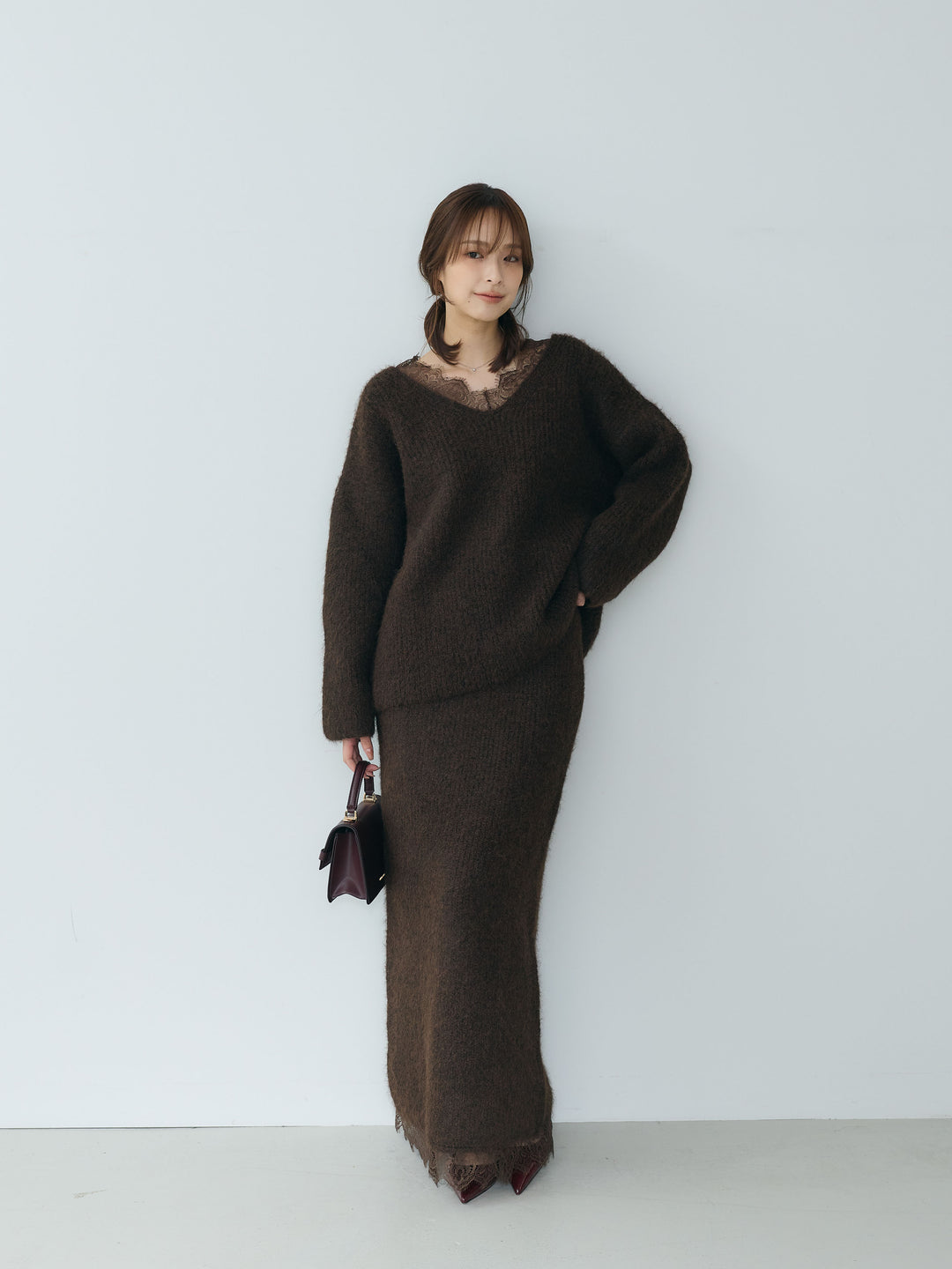 【Essential】Lace design knit tops & Lace design knit skirt SET UP