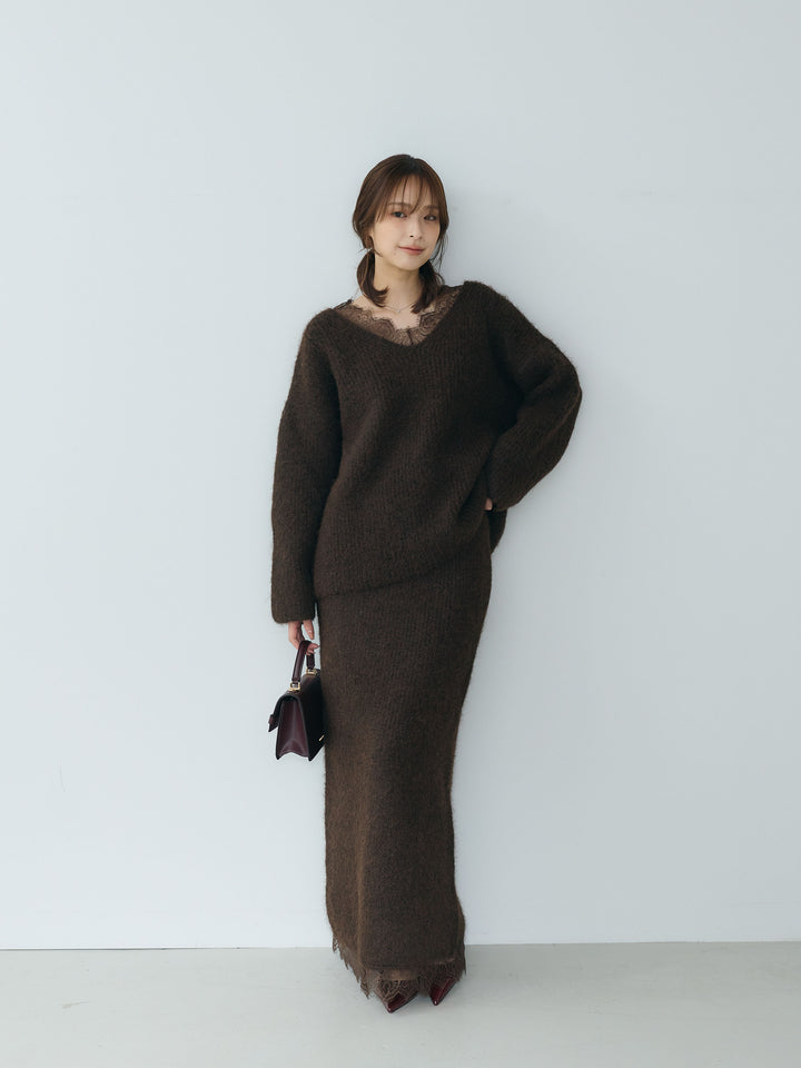 【Essential】Lace design knit tops & Lace design knit skirt SET UP