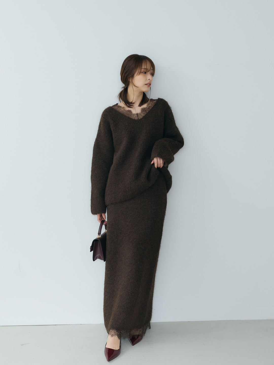 【Essential】Lace design knit tops & Lace design knit skirt SET UP