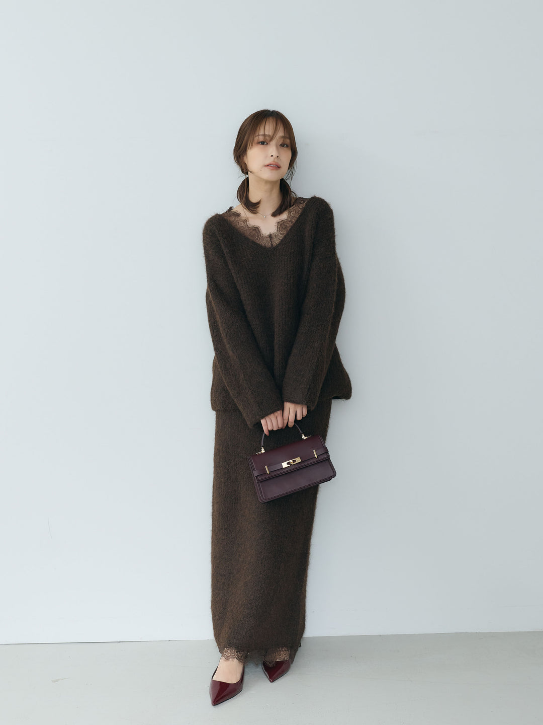 【Essential】Lace design knit tops & Lace design knit skirt SET UP