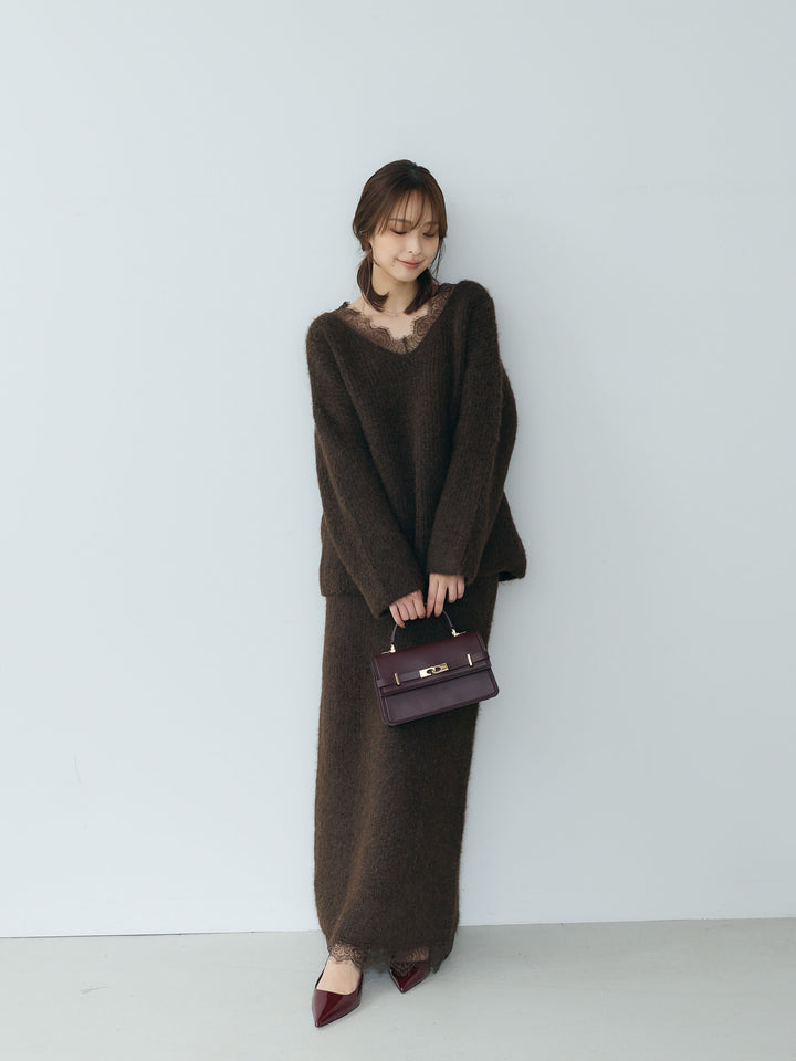 【Essential】Lace design knit tops & Lace design knit skirt SET UP