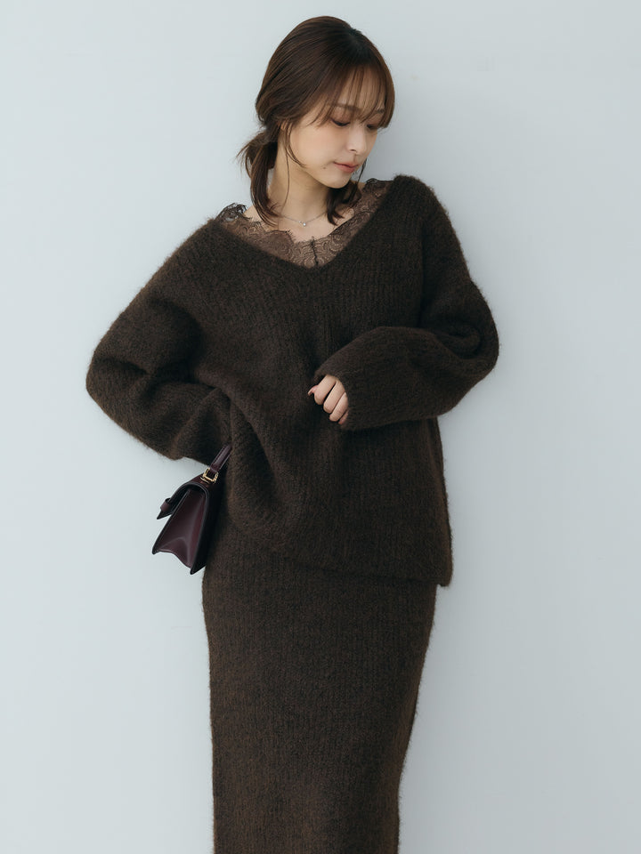 【Essential】Lace design knit tops & Lace design knit skirt SET UP