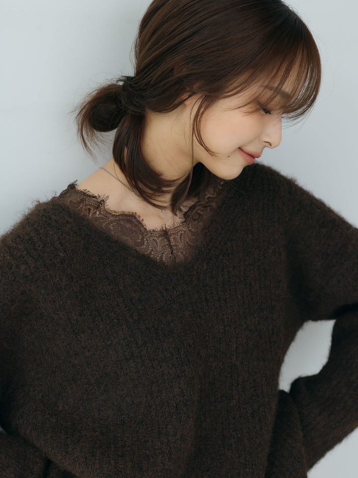 【Essential】Lace design knit tops & Lace design knit skirt SET UP