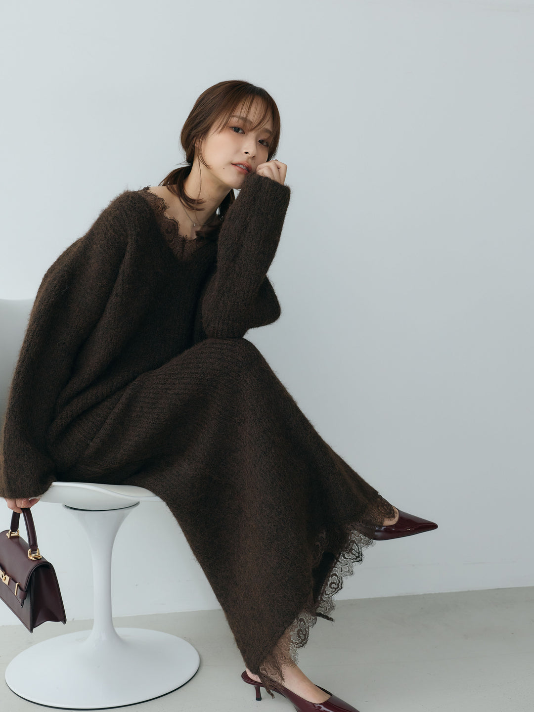 【Essential】Lace design knit tops & Lace design knit skirt SET UP