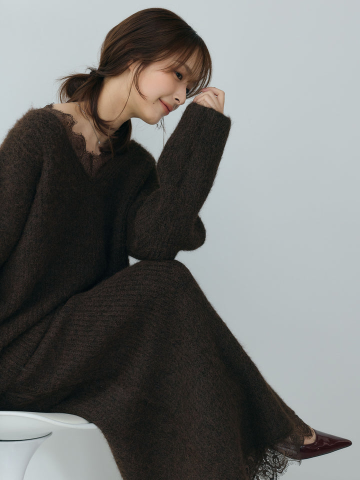 【Essential】Lace design knit tops & Lace design knit skirt SET UP