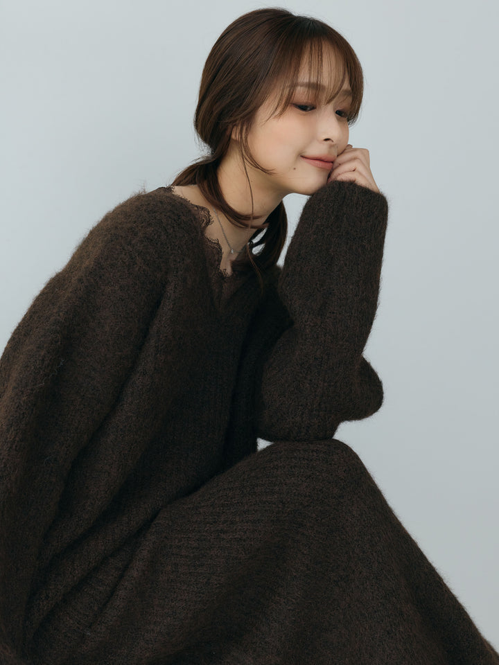 【Essential】Lace design knit tops & Lace design knit skirt SET UP