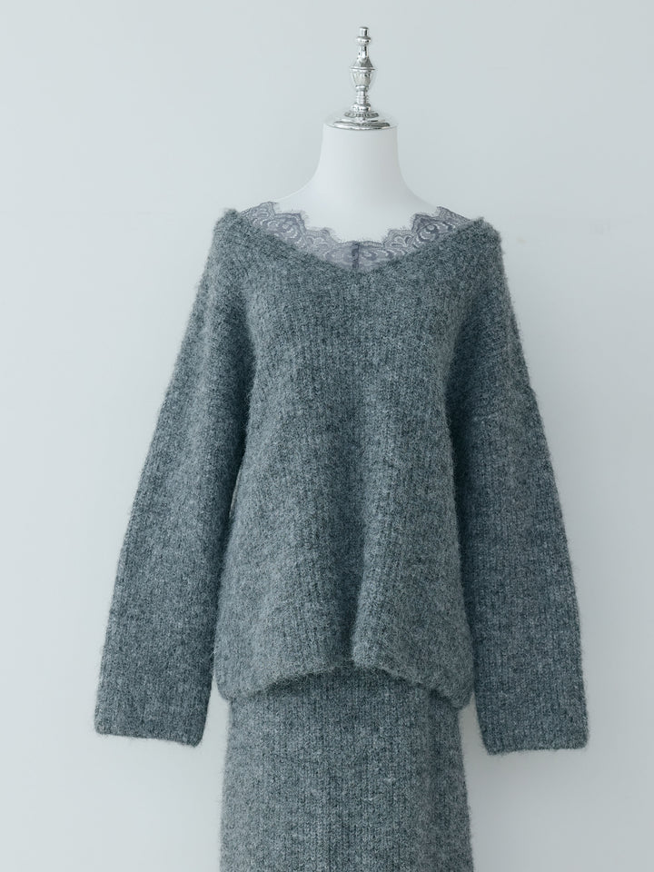 【Essential】Lace design knit tops & Lace design knit skirt SET UP