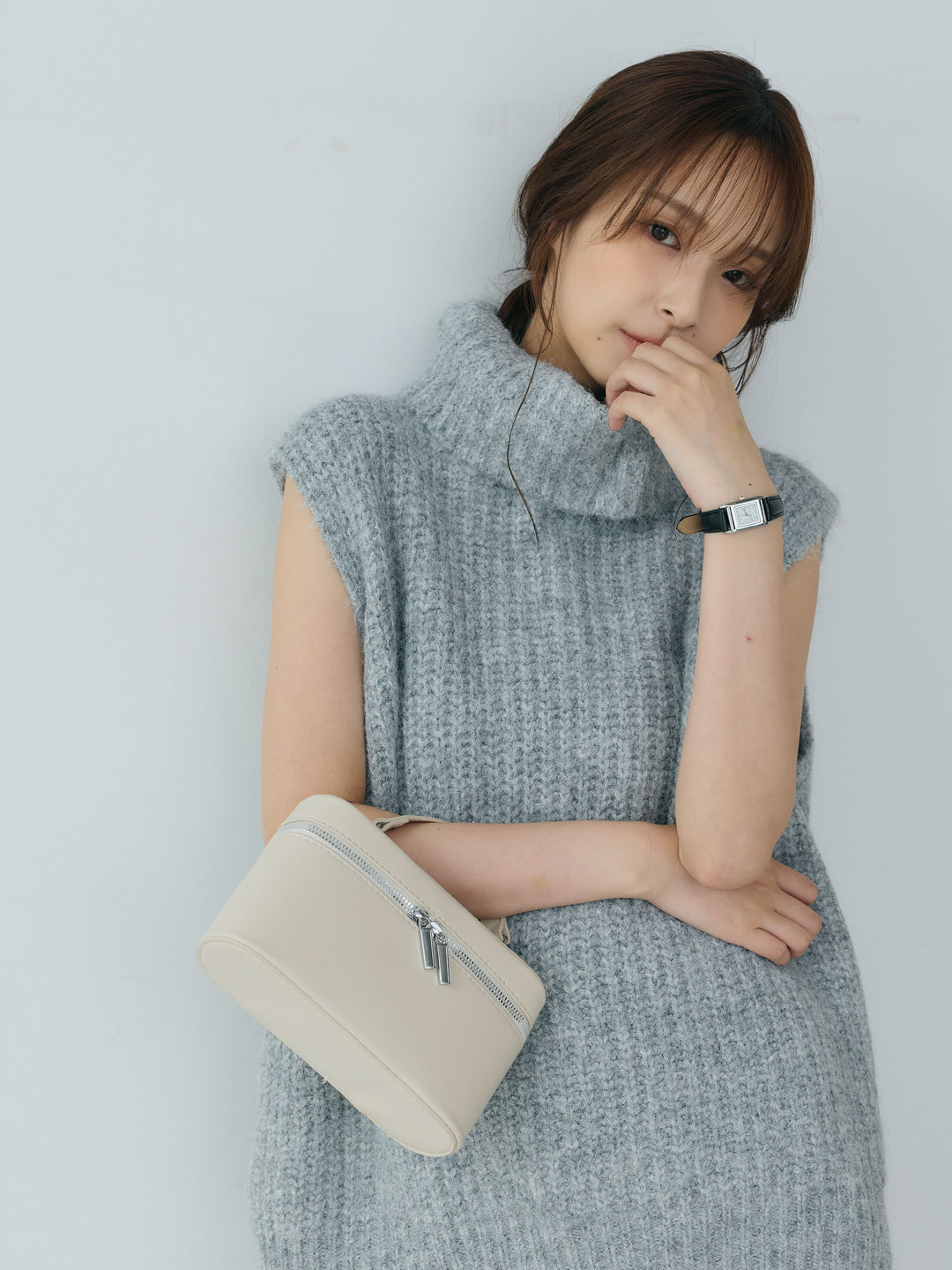 【SET】ウール混フレンチスリーブ畦編みニットトップス+ナローAラインサテンスカート(2set)