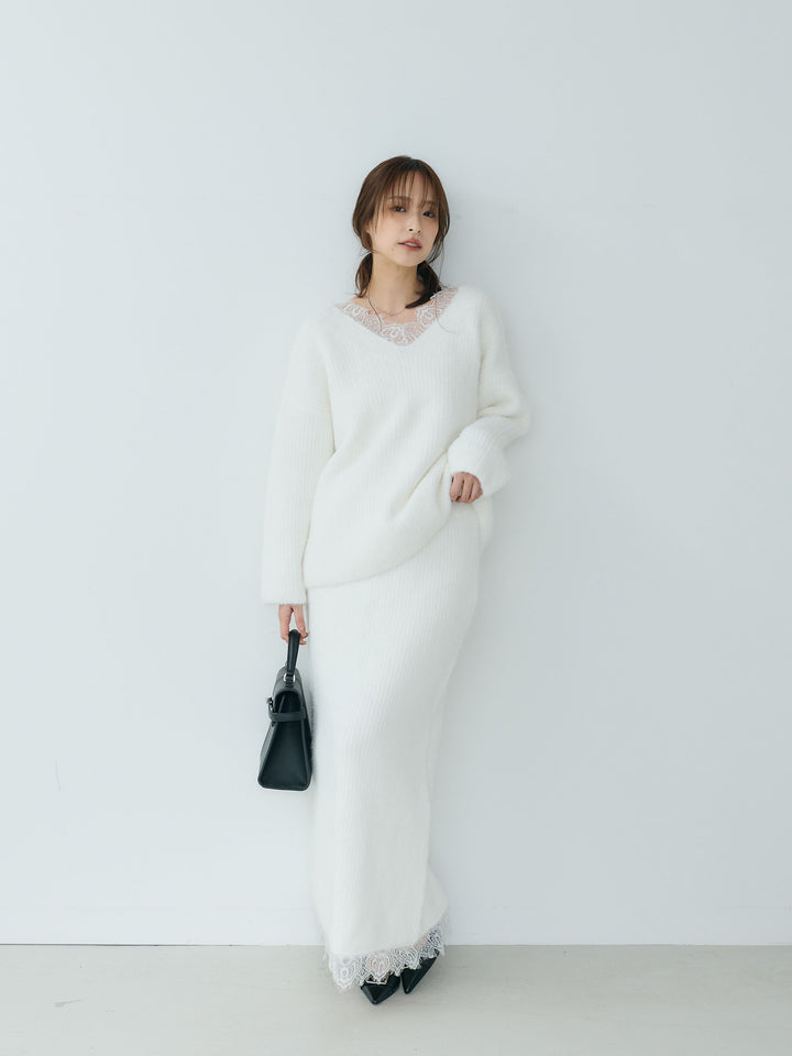 【Essential】Lace design knit tops & Lace design knit skirt SET UP