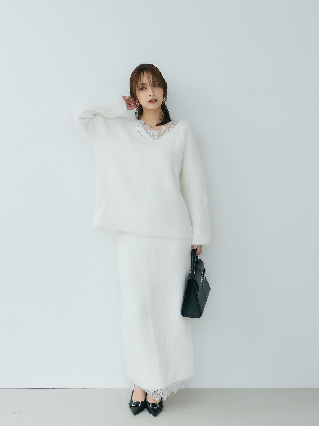 【Essential】Lace design knit tops & Lace design knit skirt SET UP