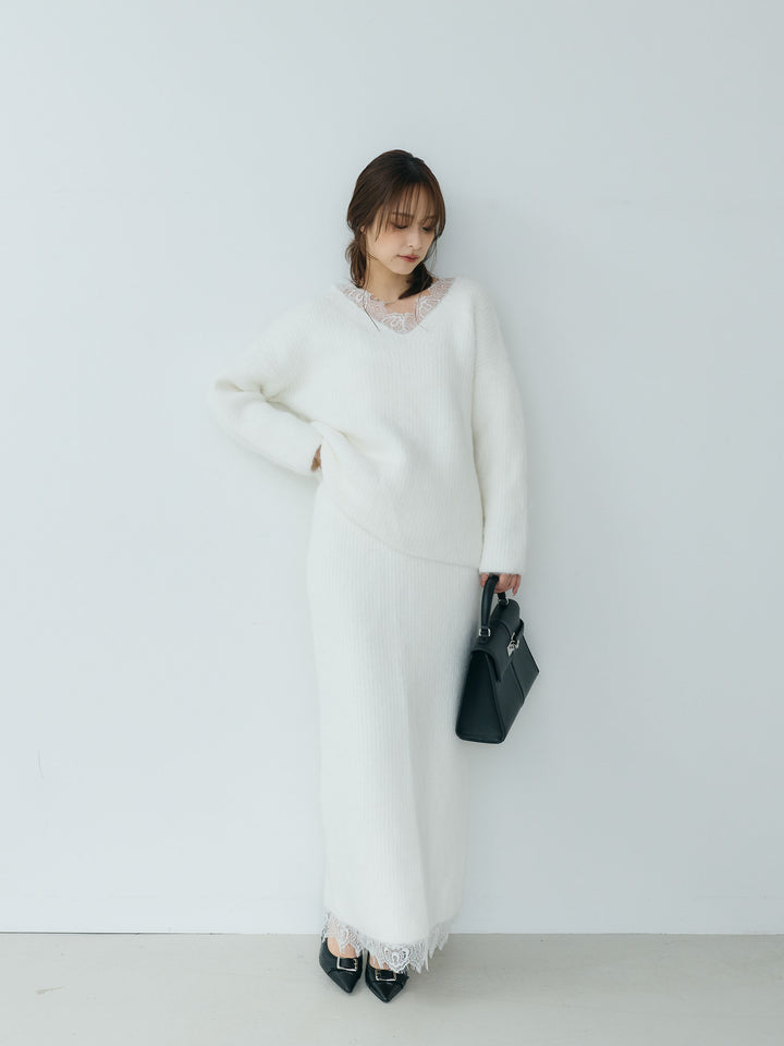 【Essential】Lace design knit tops & Lace design knit skirt SET UP