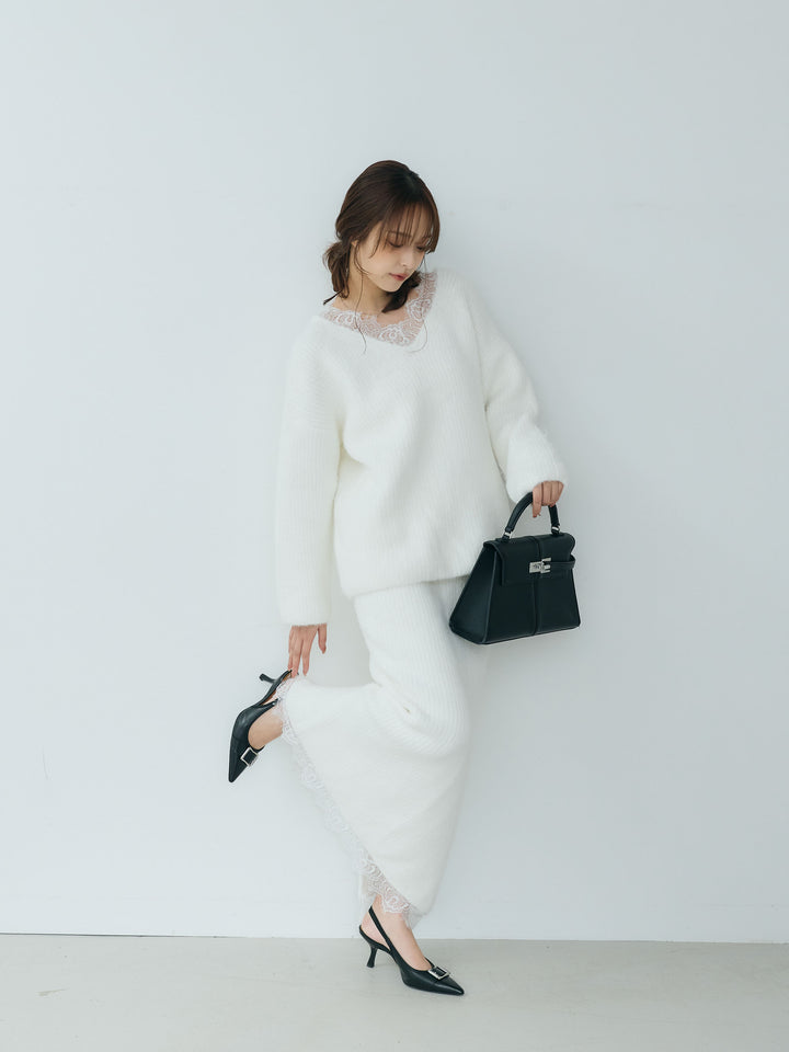 【Essential】Lace design knit tops & Lace design knit skirt SET UP
