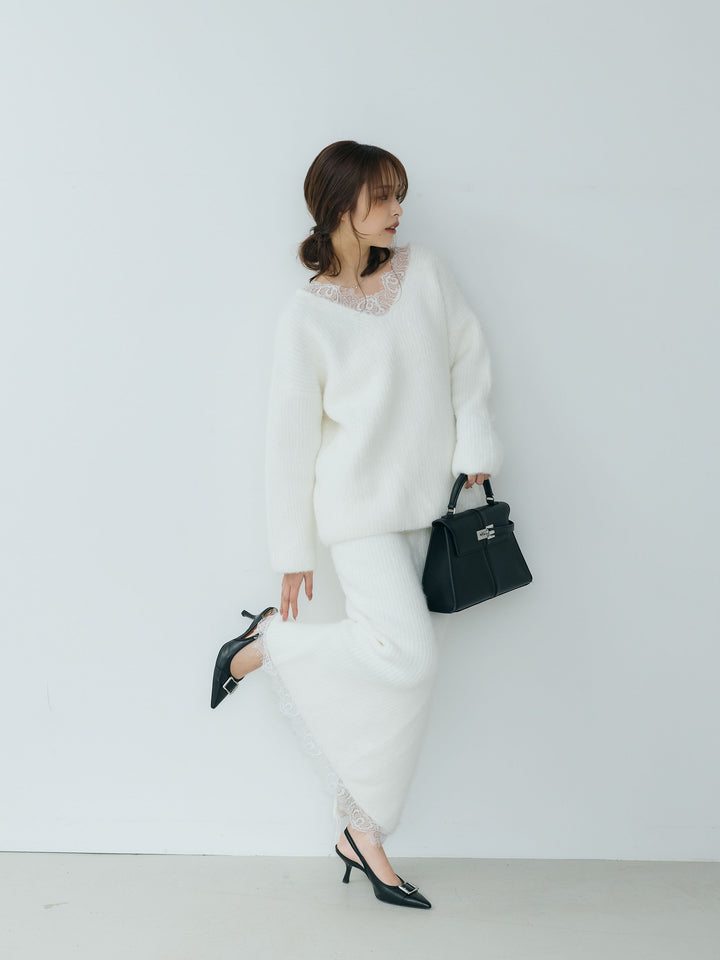 【Essential】Lace design knit tops & Lace design knit skirt SET UP