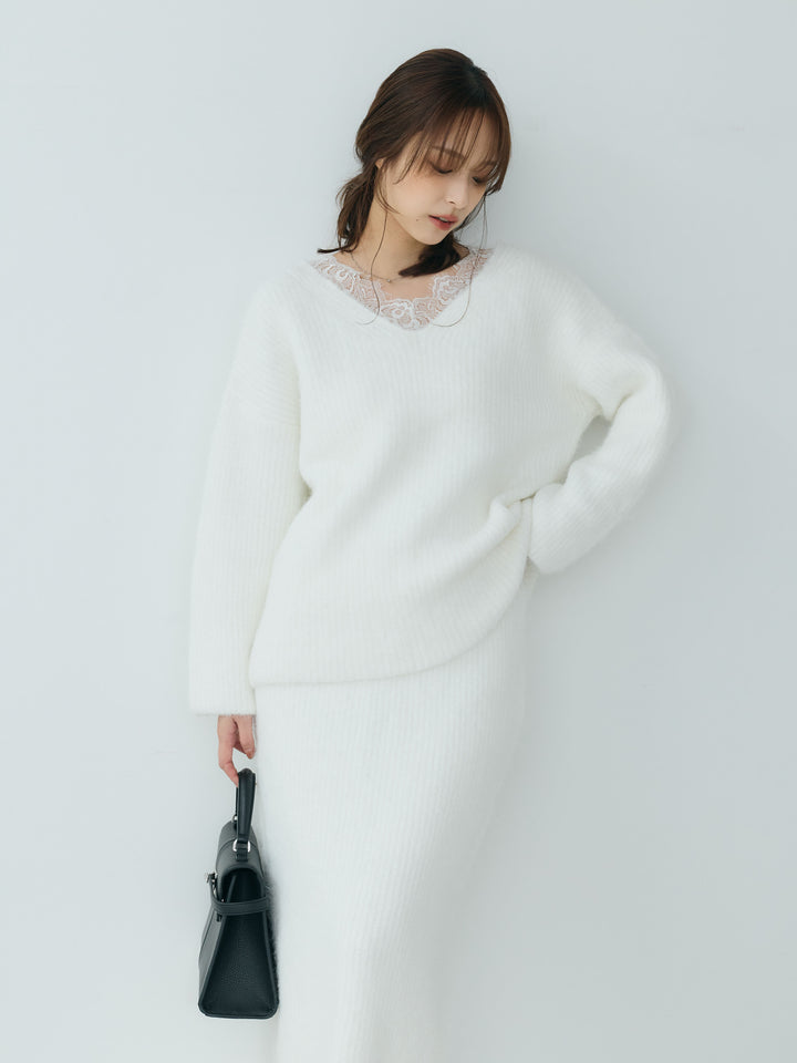 【Essential】Lace design knit tops & Lace design knit skirt SET UP