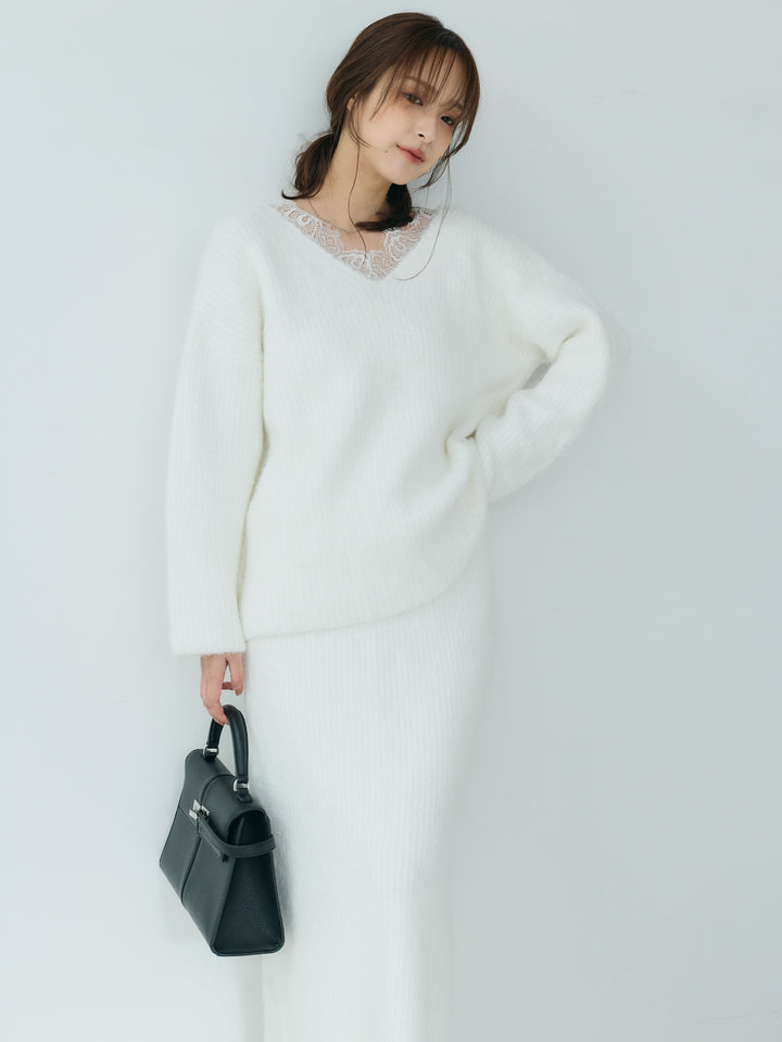 【Essential】Lace design knit tops & Lace design knit skirt SET UP