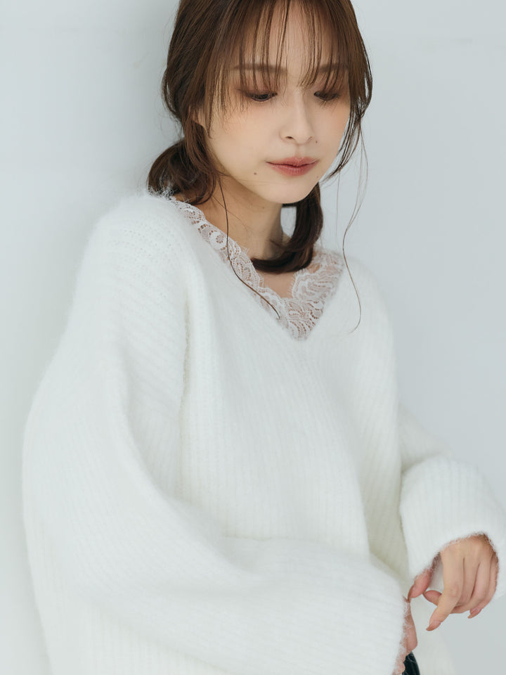 【Essential】Lace design knit tops & Lace design knit skirt SET UP