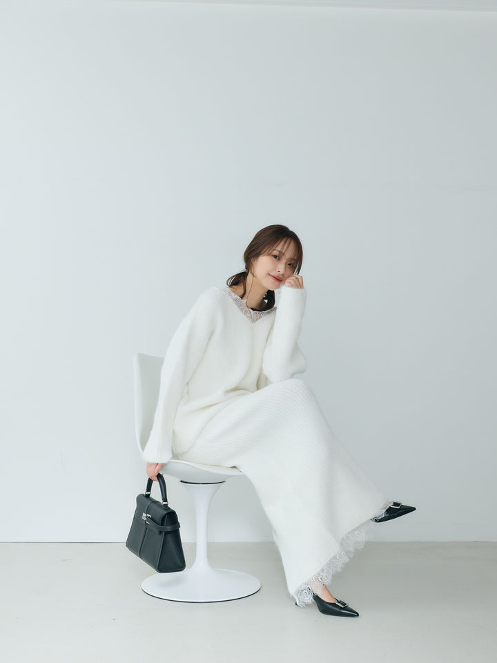 【Essential】Lace design knit tops & Lace design knit skirt SET UP