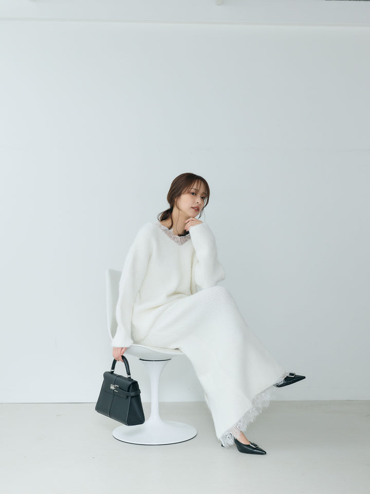 【Essential】Lace design knit tops & Lace design knit skirt SET UP