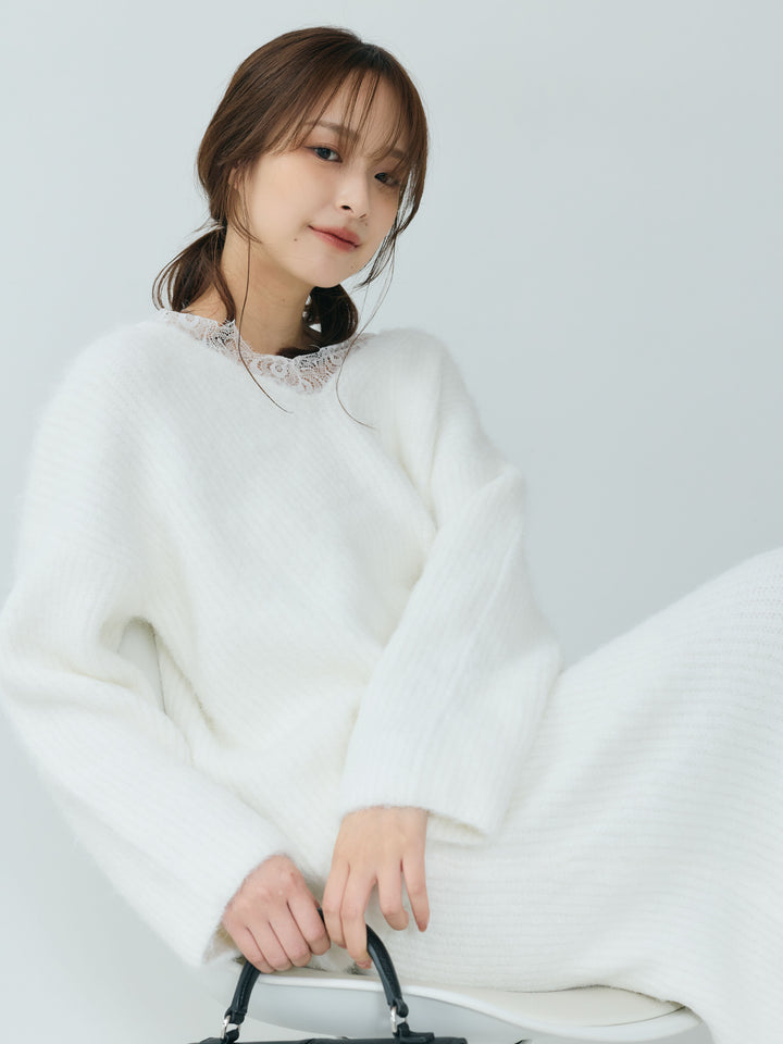 【Essential】Lace design knit tops & Lace design knit skirt SET UP