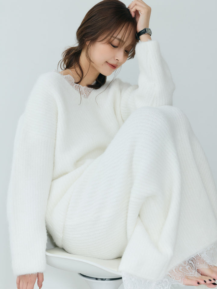 【Essential】Lace design knit tops & Lace design knit skirt SET UP