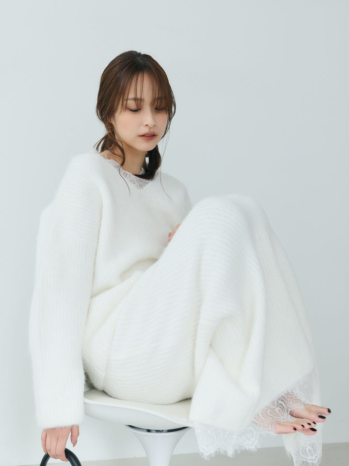 【Essential】Lace design knit tops & Lace design knit skirt SET UP