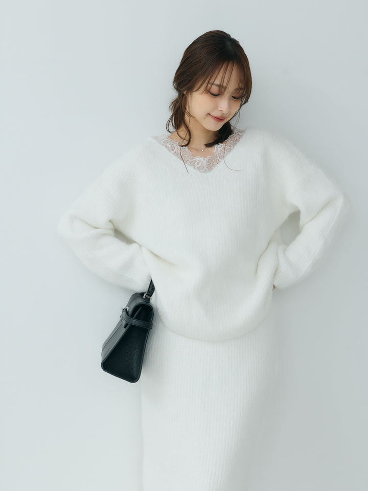 【Essential】Lace design knit tops & Lace design knit skirt SET UP