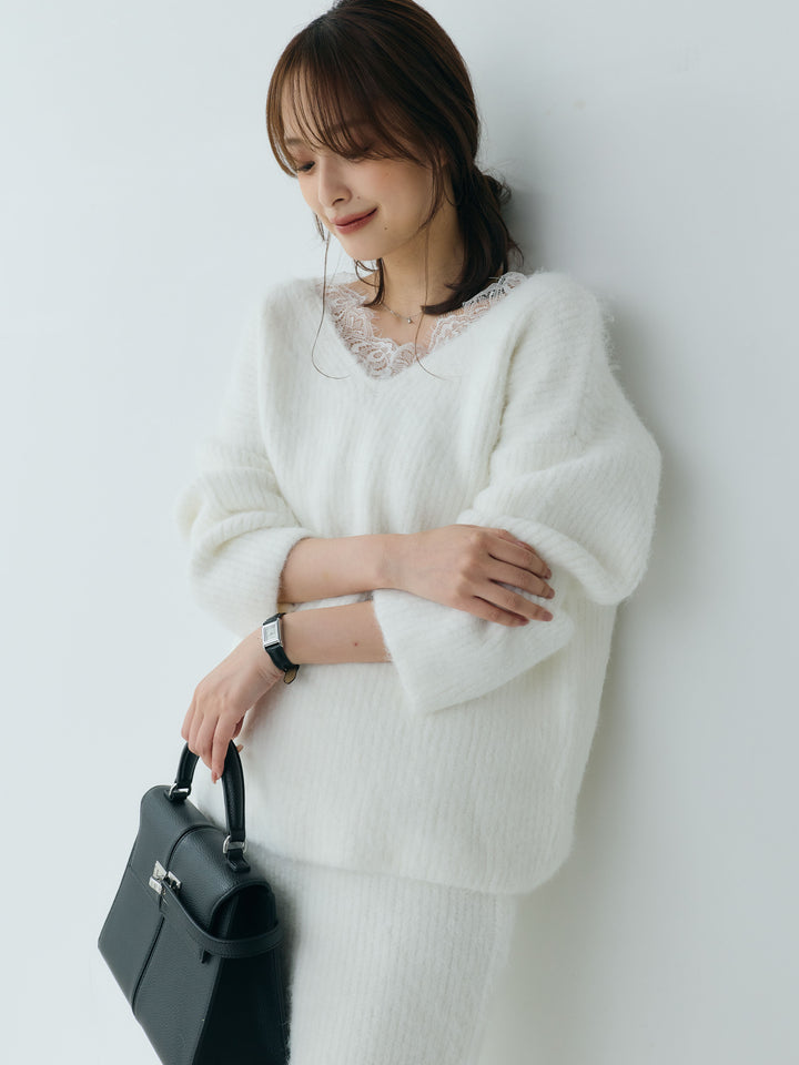 【Essential】Lace design knit tops & Lace design knit skirt SET UP