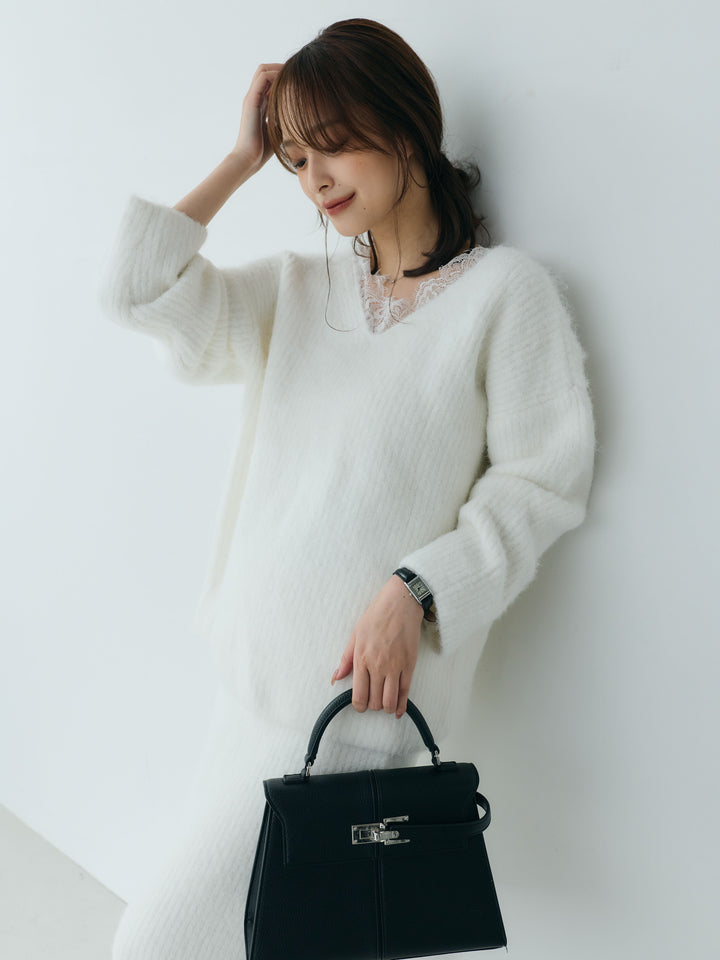 【Essential】Lace design knit tops & Lace design knit skirt SET UP