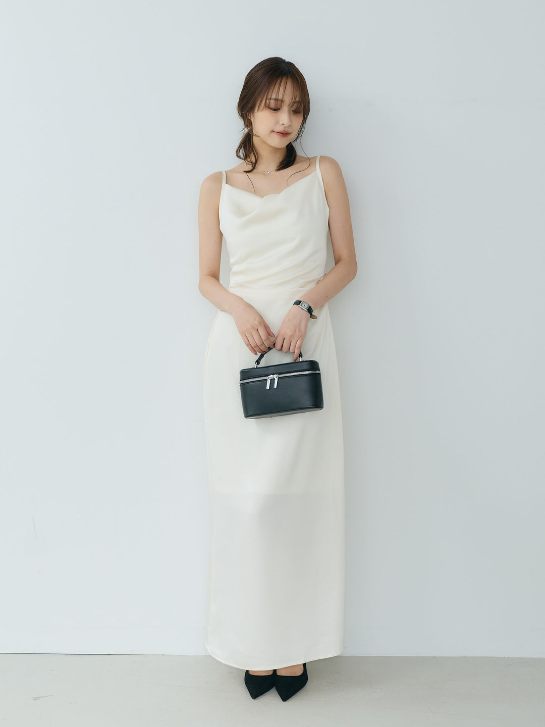 【Essential】Satin drape camisole one piece